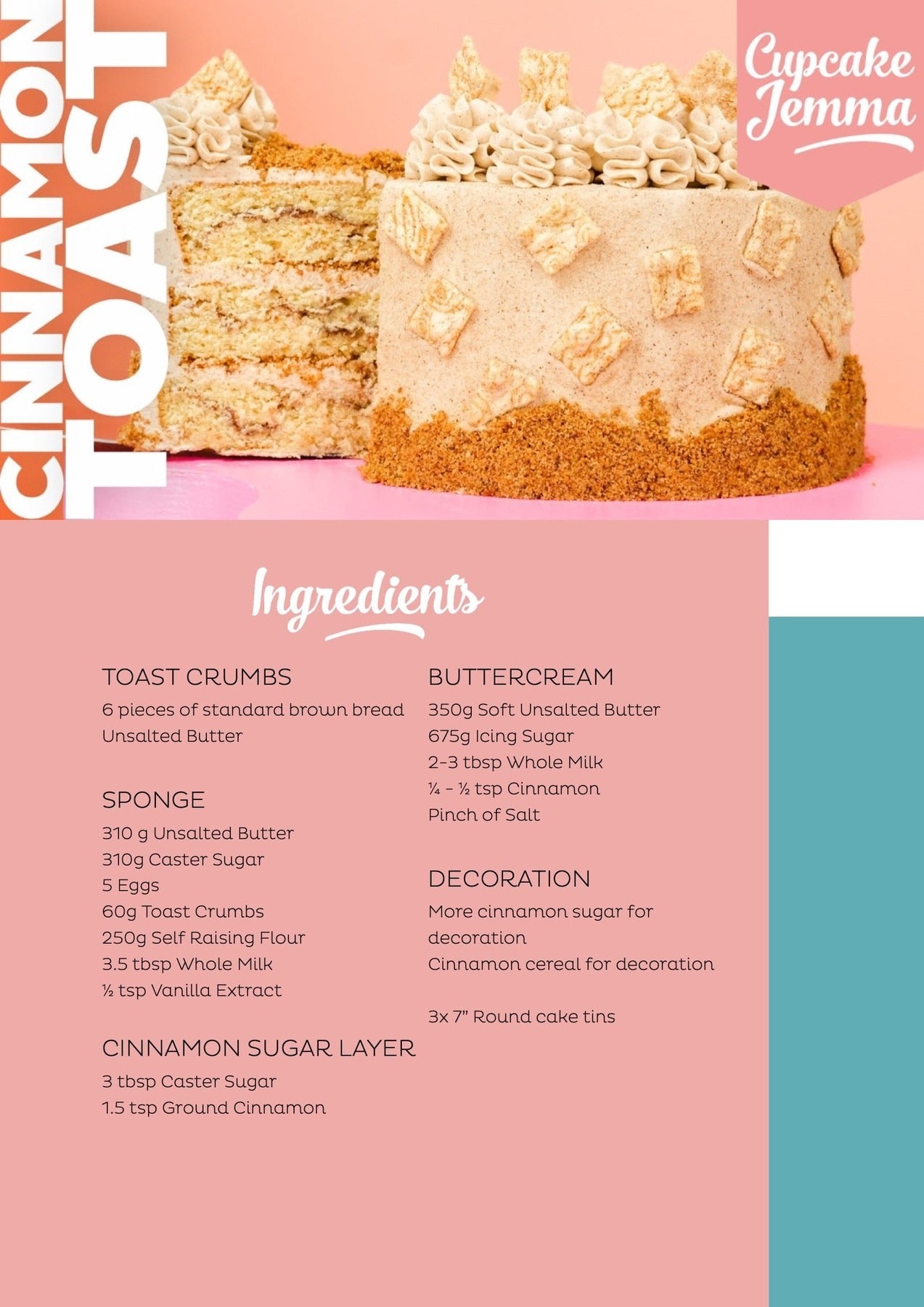 Moist cinnamon toast cake with cinnamon sugar buttercream and cereal decoration from Cupcake Jemma downloadable recipe.
