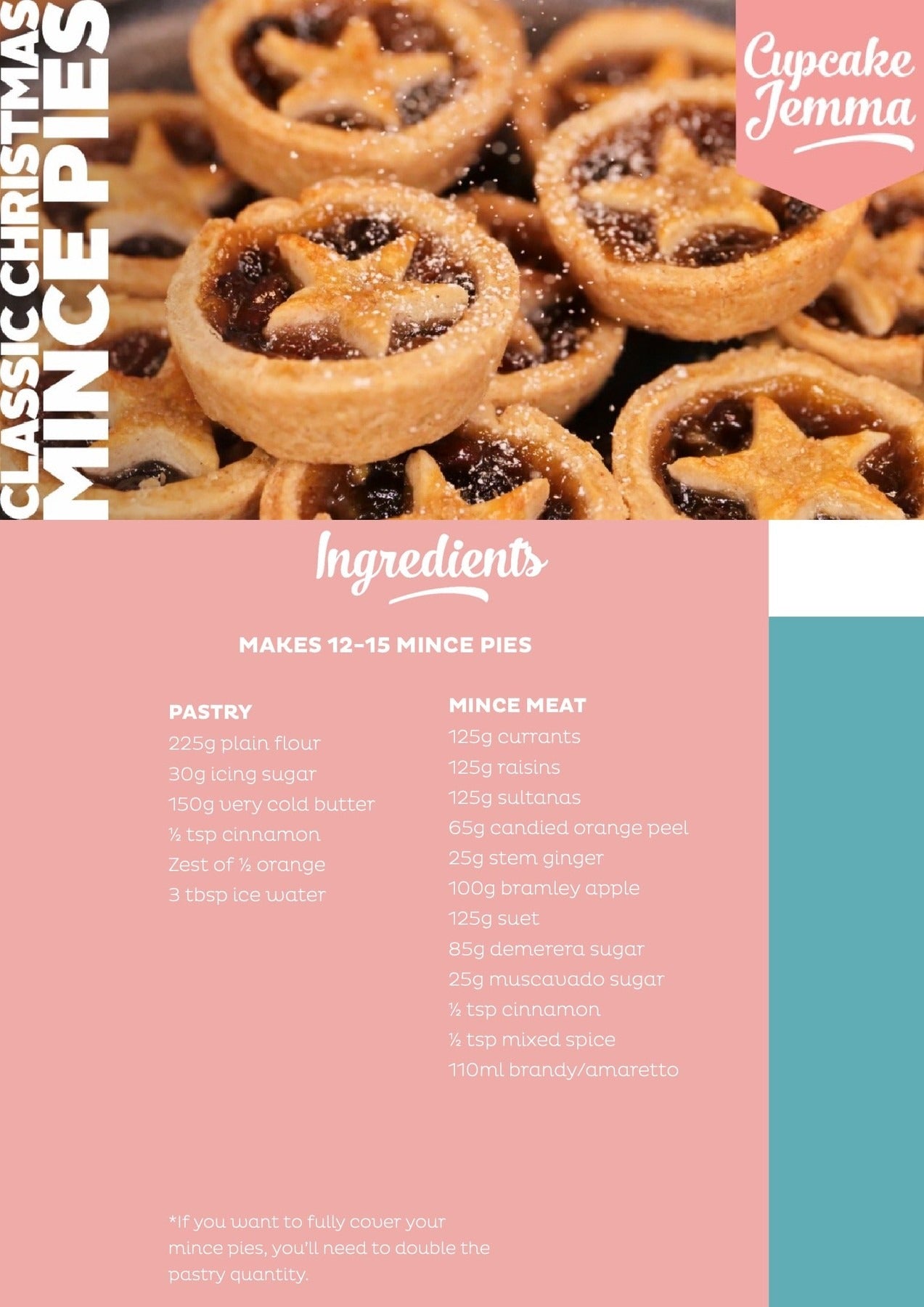 Classic Mince Pies downloadable recipe by Cupcake Jemma showing golden mince pies with star-shaped pastry tops.