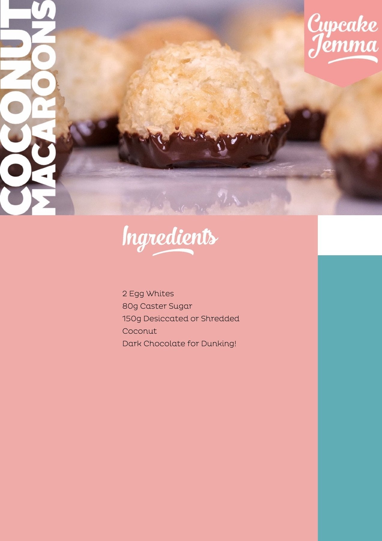 Close-up of coconut macaroons dipped in dark chocolate with recipe ingredients by Cupcake Jemma for baking enthusiasts