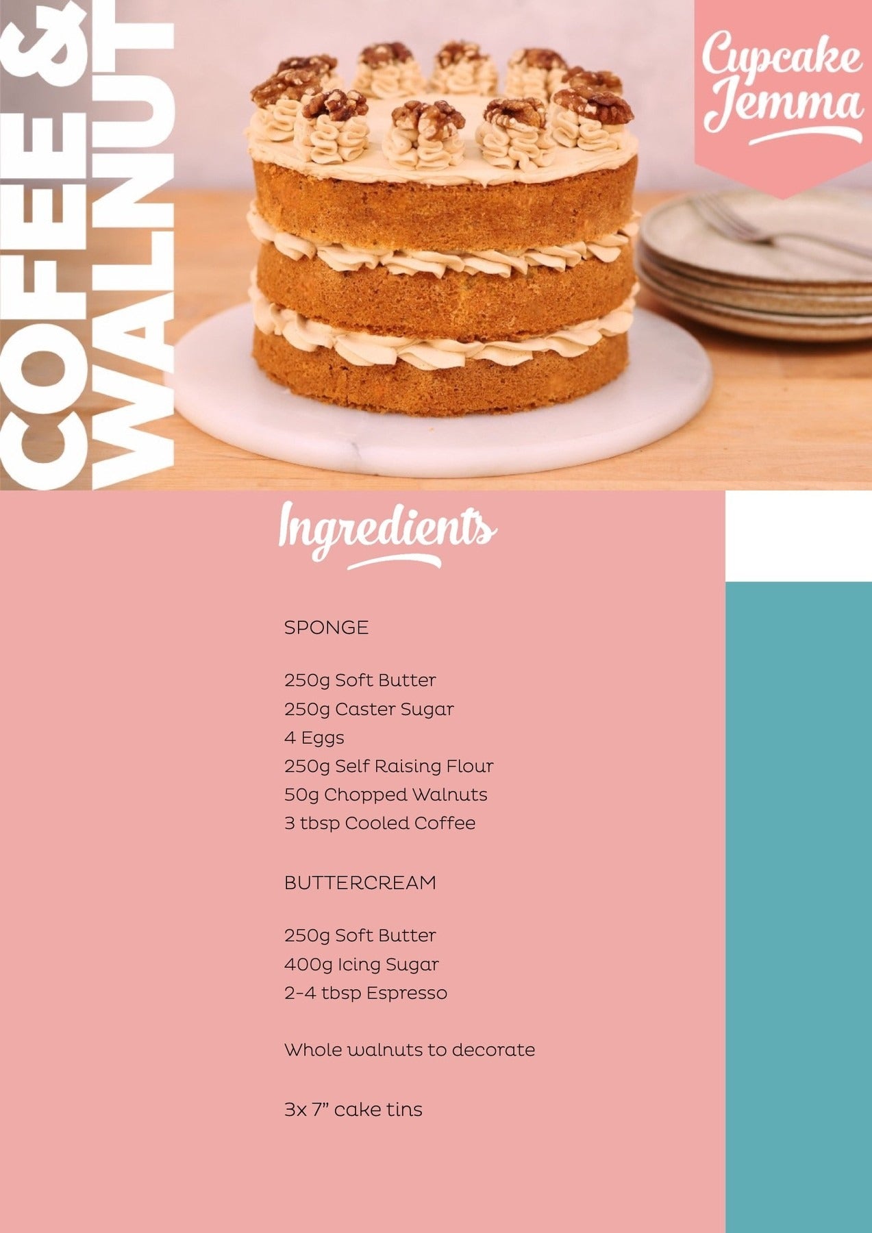 Three-layer coffee and walnut cake with buttercream frosting and walnut decoration for Coffee and Walnut Cake downloadable recipe.