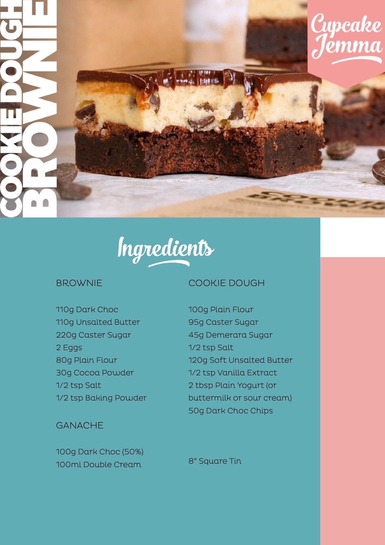 Close-up of a rich Cookie Dough Brownies downloadable recipe featuring a fudgy brownie base and creamy cookie dough layer by Cupcake Jemma.