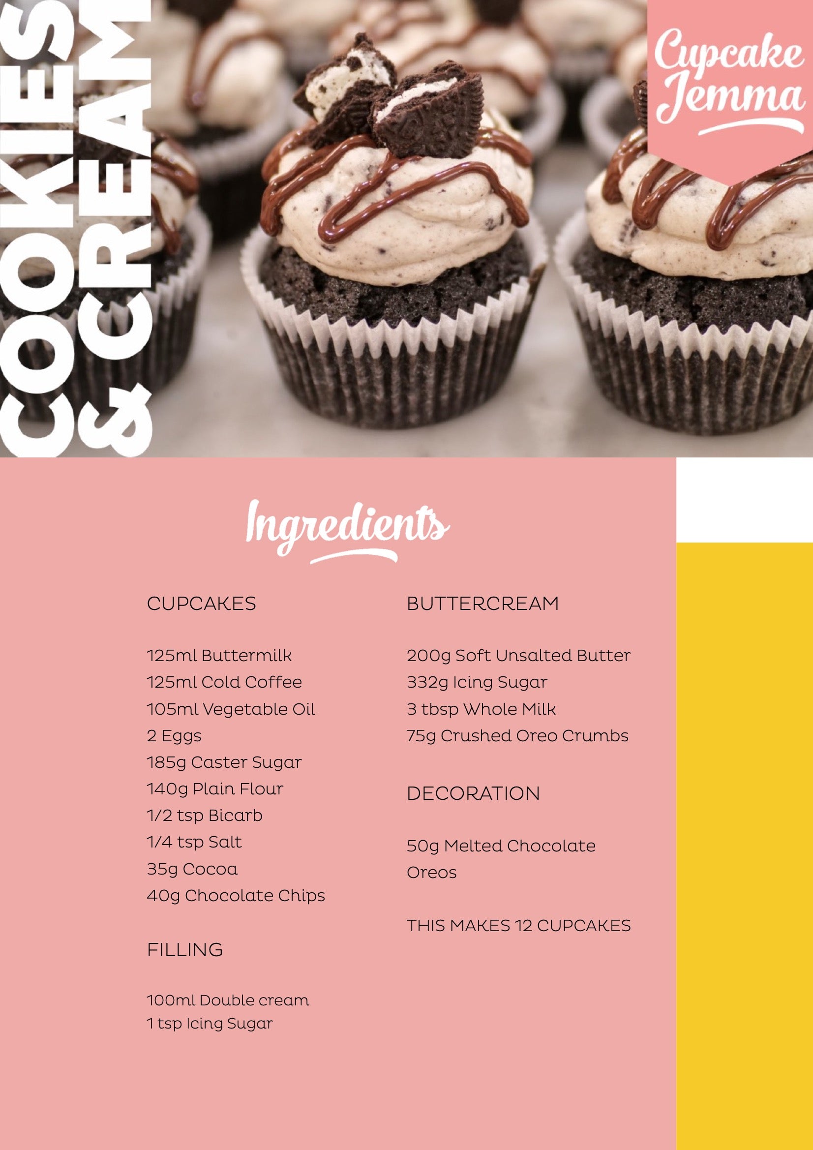 Cookies & Cream Cupcakes downloadable recipe - Cupcake Jemma