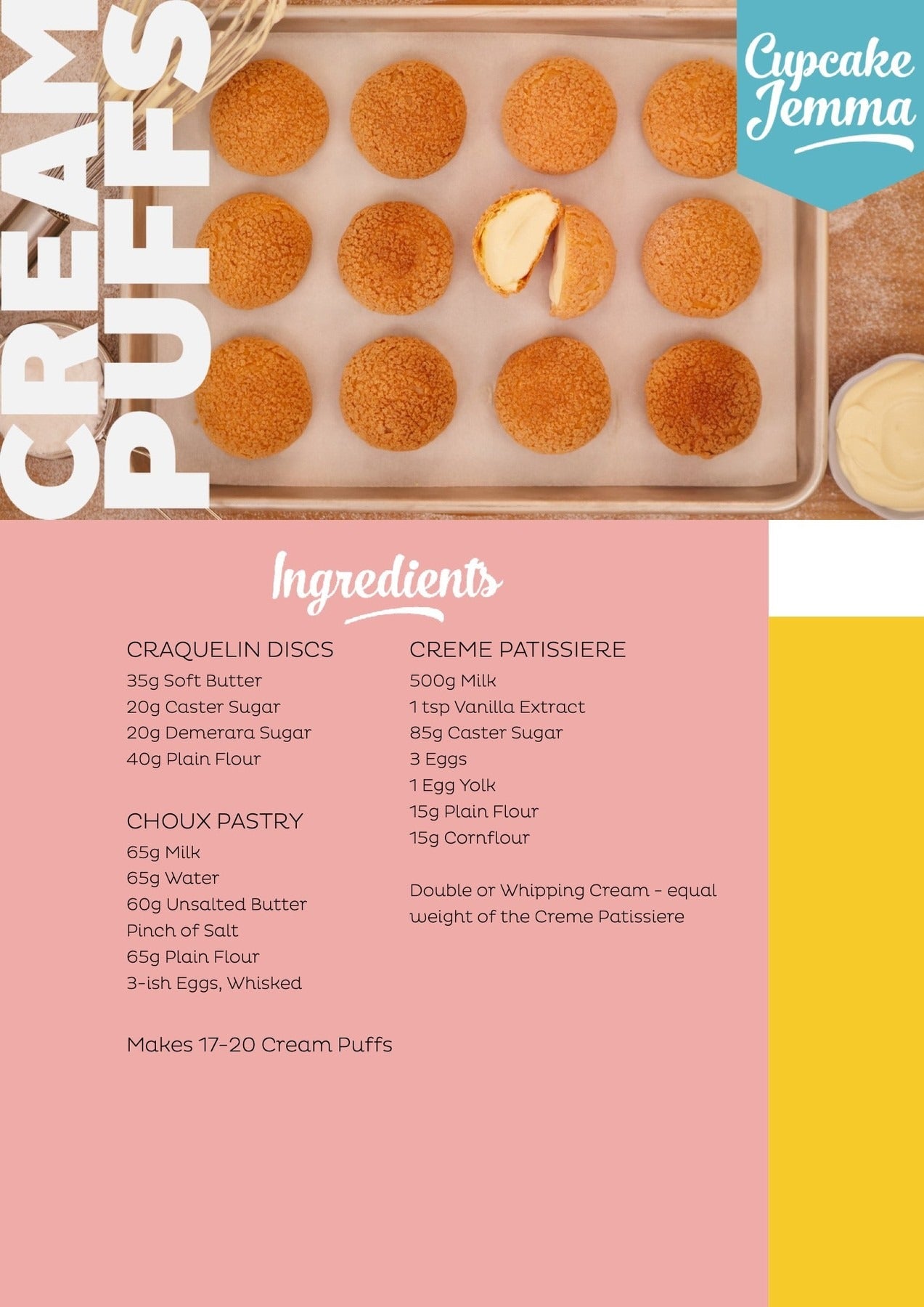 Tray of golden Choux Cream Puffs with craquelin topping and cream filling, recipe ingredients by Cupcake Jemma visible below