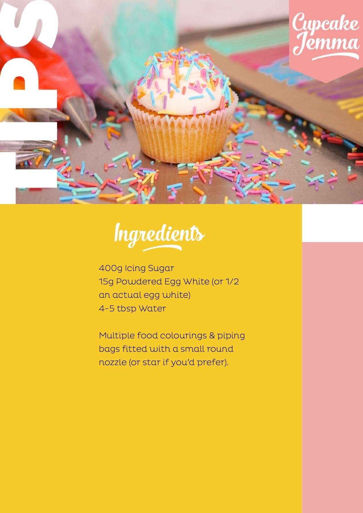 Cupcake with colorful sprinkles and piping bags showing DIY Sprinkles downloadable recipe ingredients by Cupcake Jemma