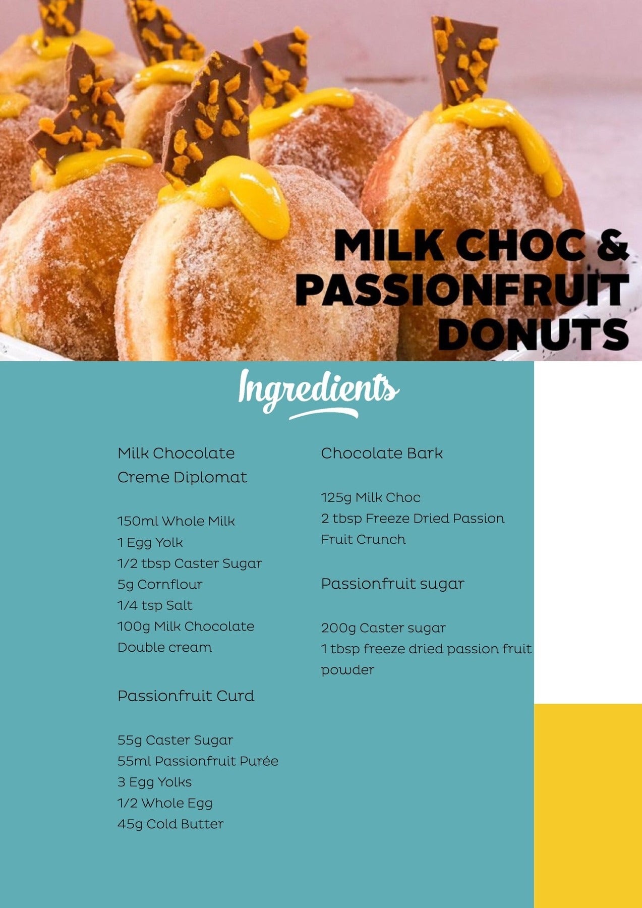 Close-up of Dane's Passionfruit and Milk Chocolate Donuts topped with chocolate bark and passionfruit glaze on a tray