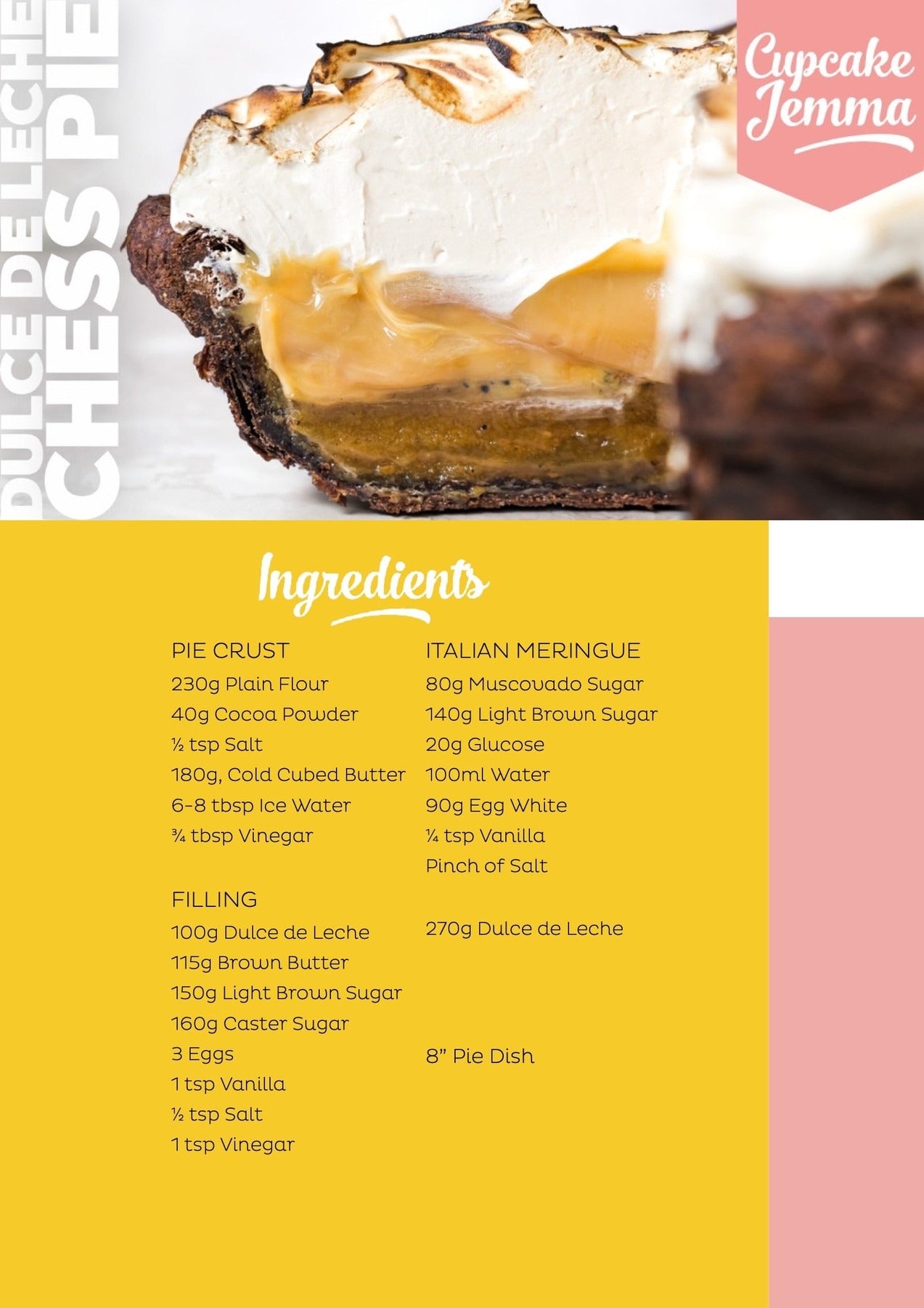 Close-up of a slice of Dulce de Leche Chess Pie with meringue topping and recipe ingredients listed by Cupcake Jemma