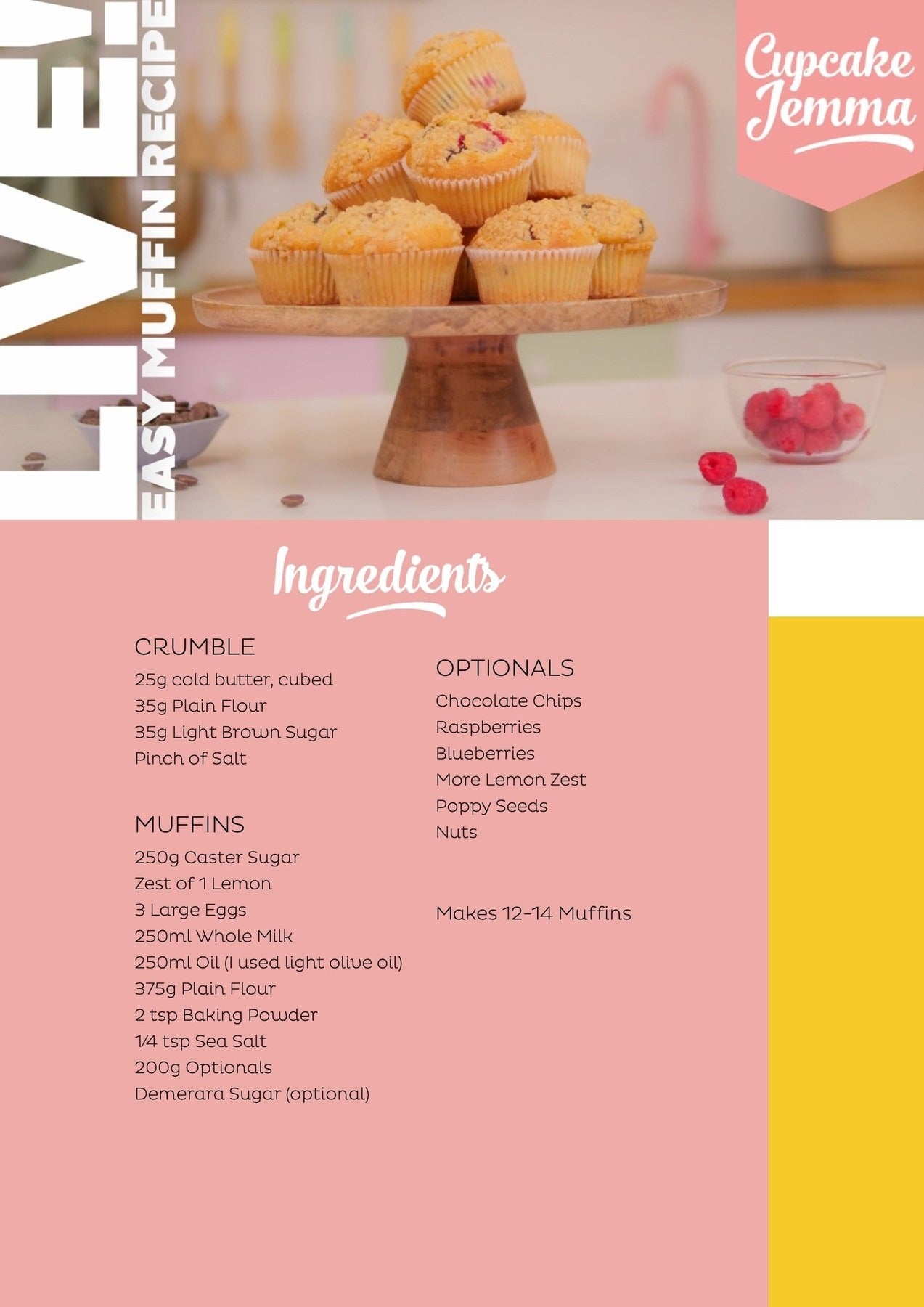 Stack of golden easy muffins on a wooden cake stand for the Easy Muffin downloadable recipe by Cupcake Jemma