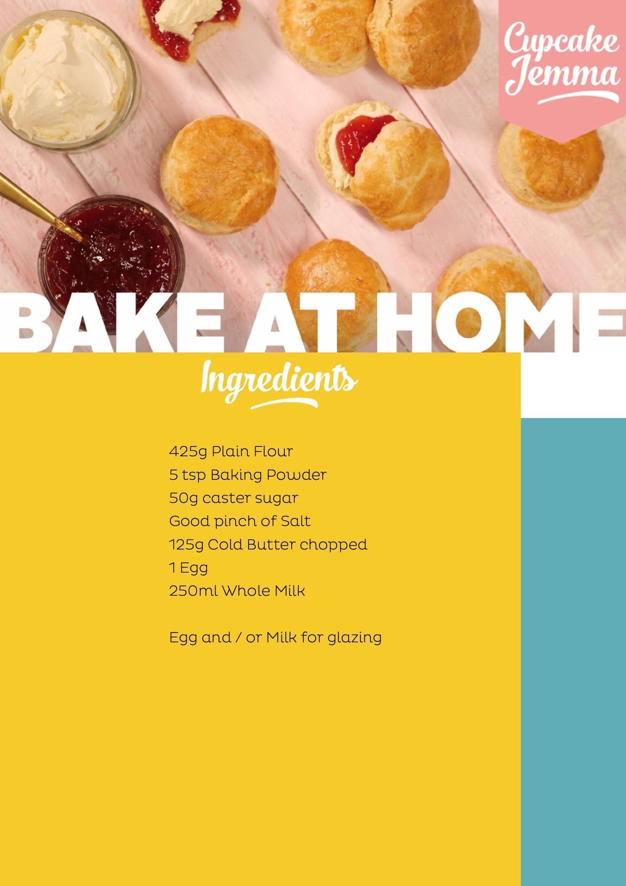 Freshly baked English scones with clotted cream and jam from Cupcake Jemma downloadable recipe for baking at home