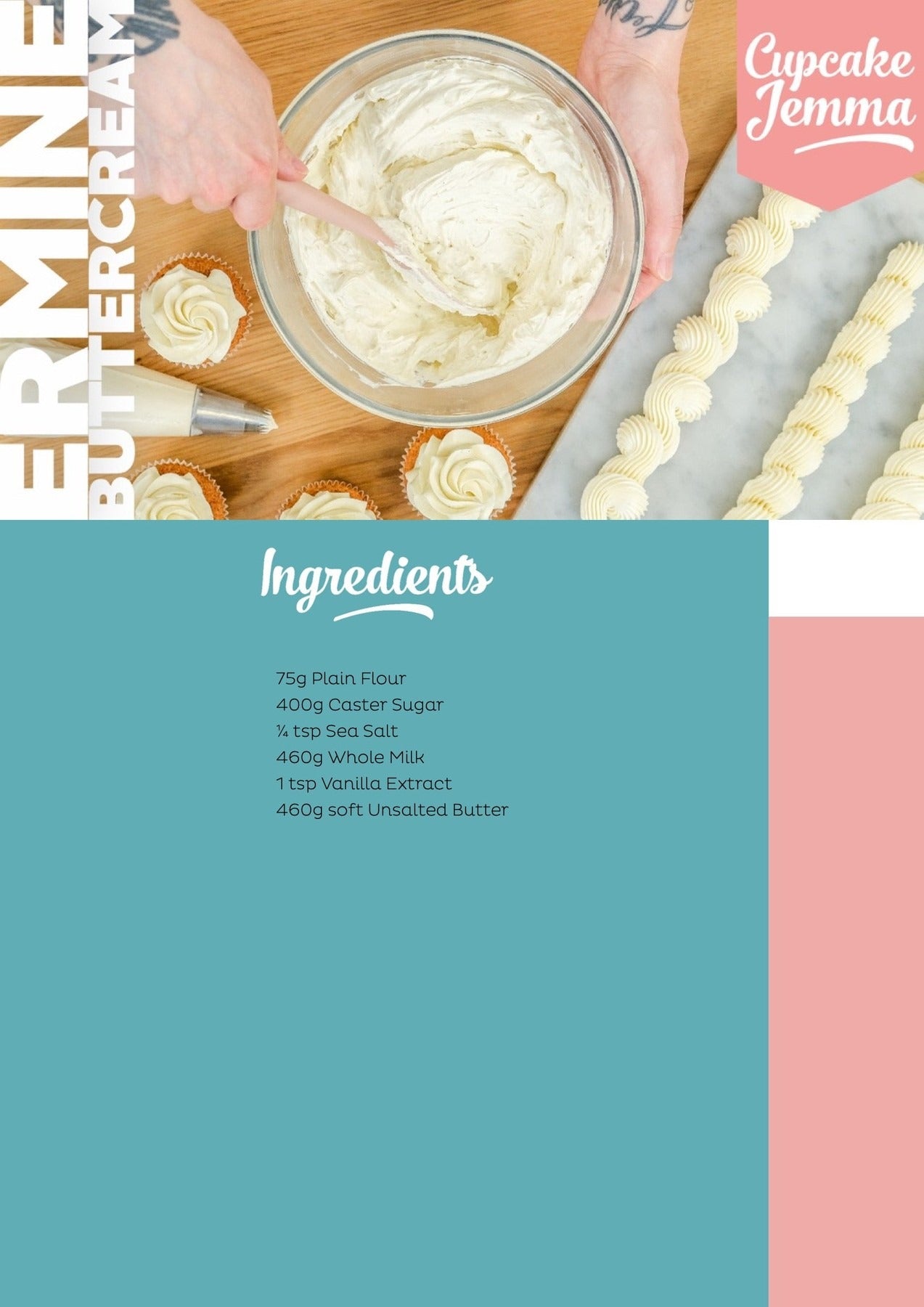 Hands mixing creamy Ermine Buttercream in a bowl with cupcakes and piping demonstration beside it, recipe by Cupcake Jemma