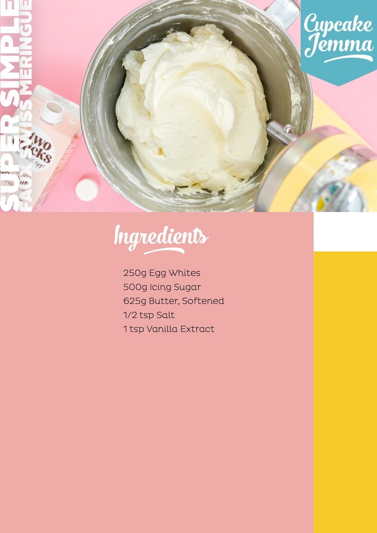 Bowl of smooth faux Swiss meringue buttercream frosting with ingredients and Cupcake Jemma branding visible