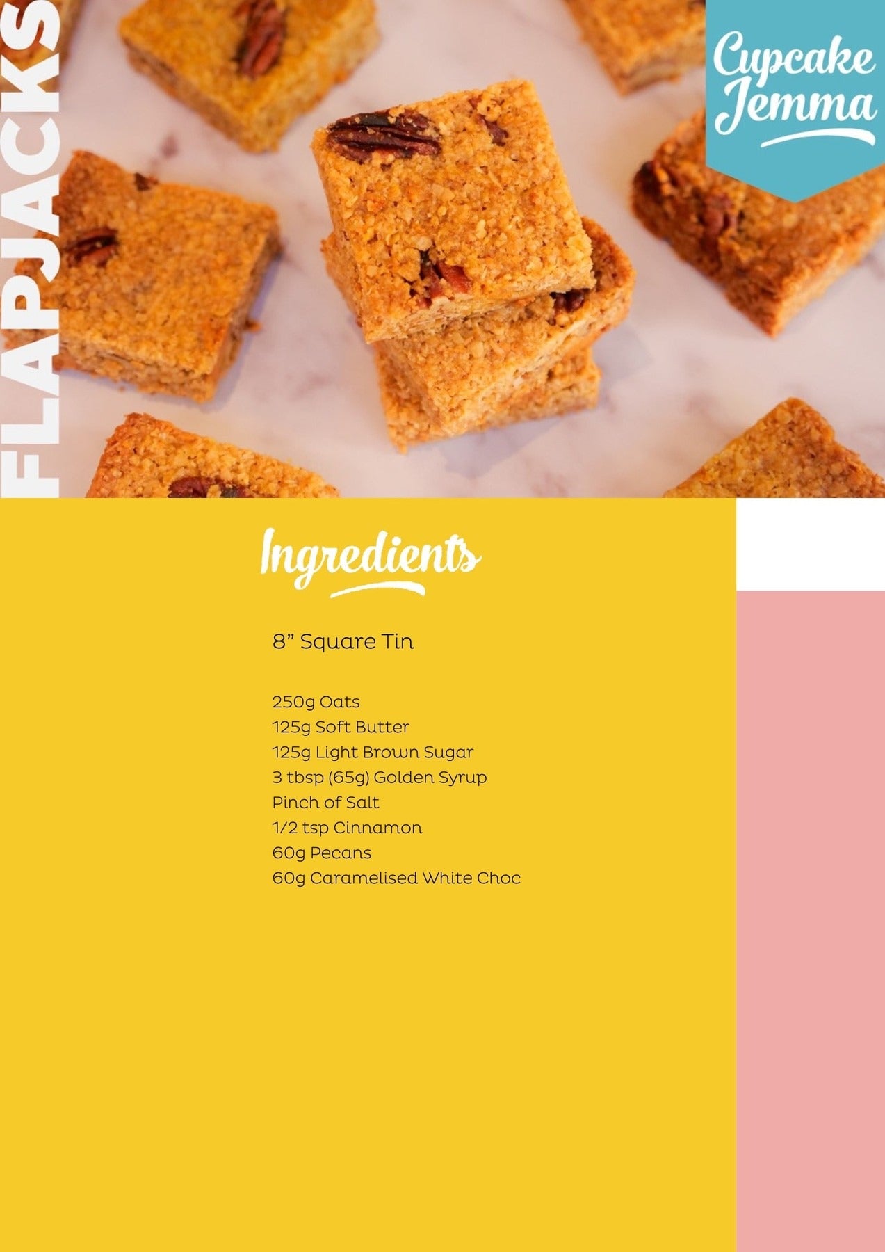 Golden chewy flapjacks with pecans and caramelised white chocolate from Cupcake Jemma recipe download