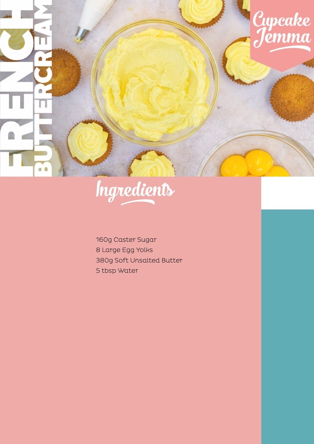 Bowl of smooth French Buttercream frosting with cupcakes, egg yolks, and ingredients for Cupcake Jemma recipe download.