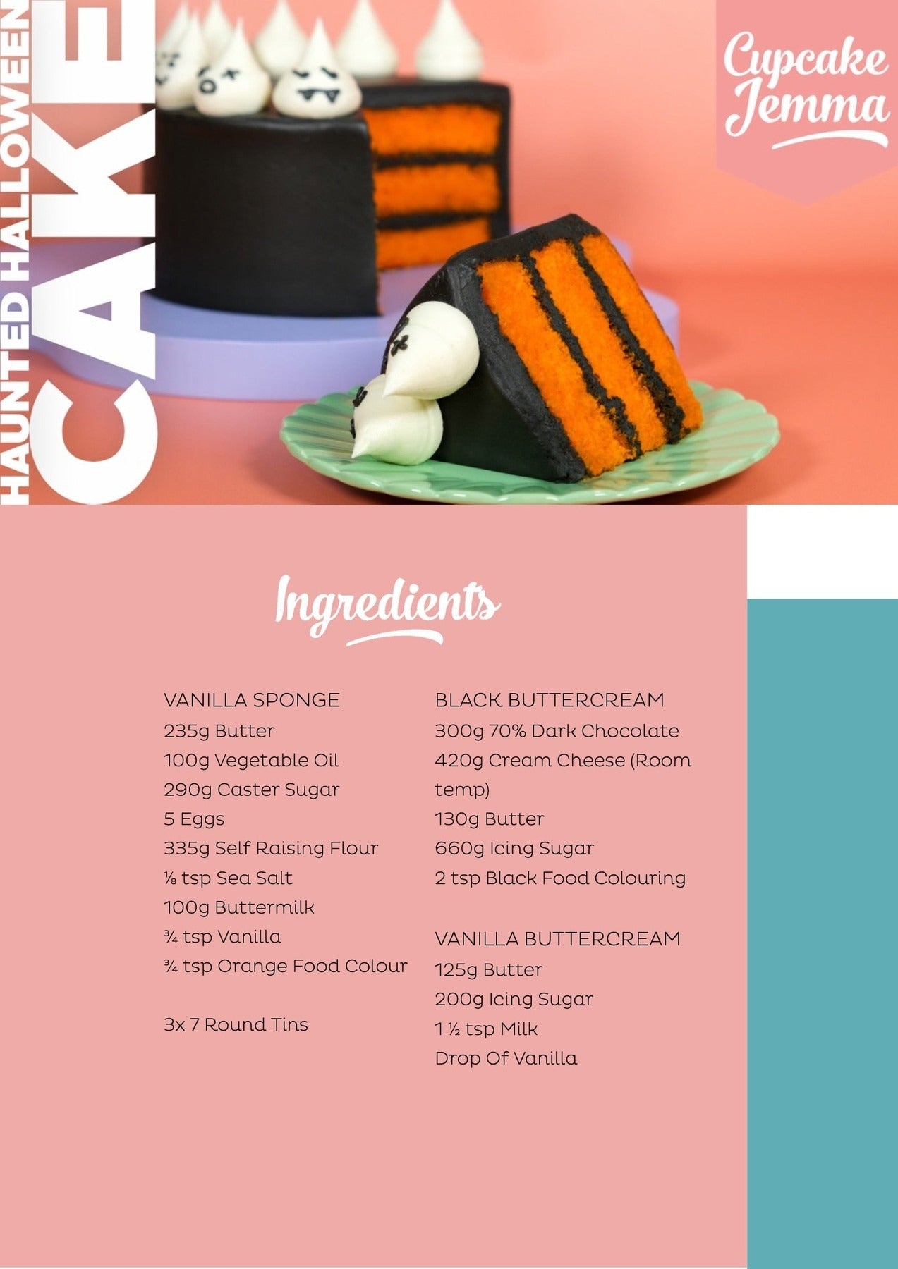 Slice of Halloween Vanilla Cake with black and orange layers on a plate next to the full decorated cake and recipe text