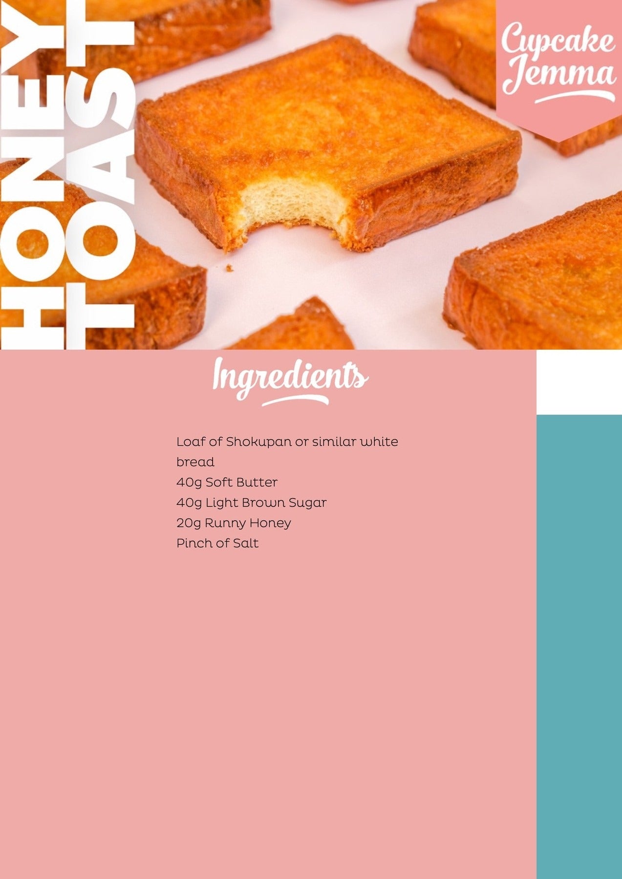 Crispy golden honey toast slice with a bite taken, showcasing the Honey Toast downloadable recipe by Cupcake Jemma.