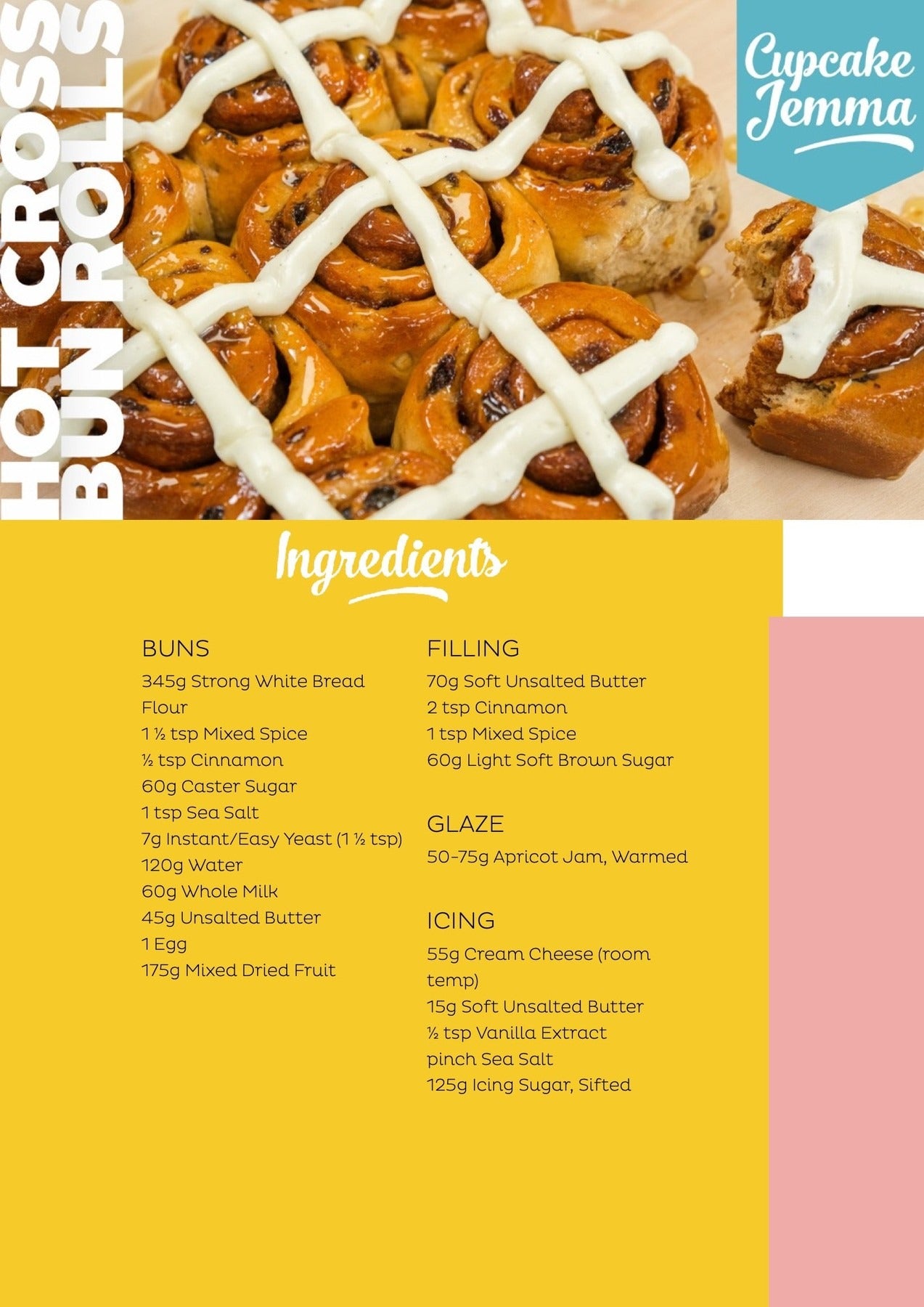 Hot Cross Rolls downloadable recipe by Cupcake Jemma showing spiced buns with creamy icing and ingredient list for baking.