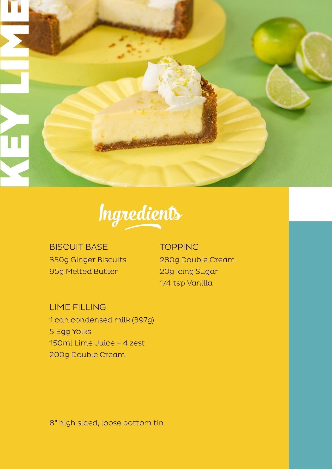 Slice of Key Lime Pie with whipped cream on yellow plate next to fresh limes and recipe ingredients text