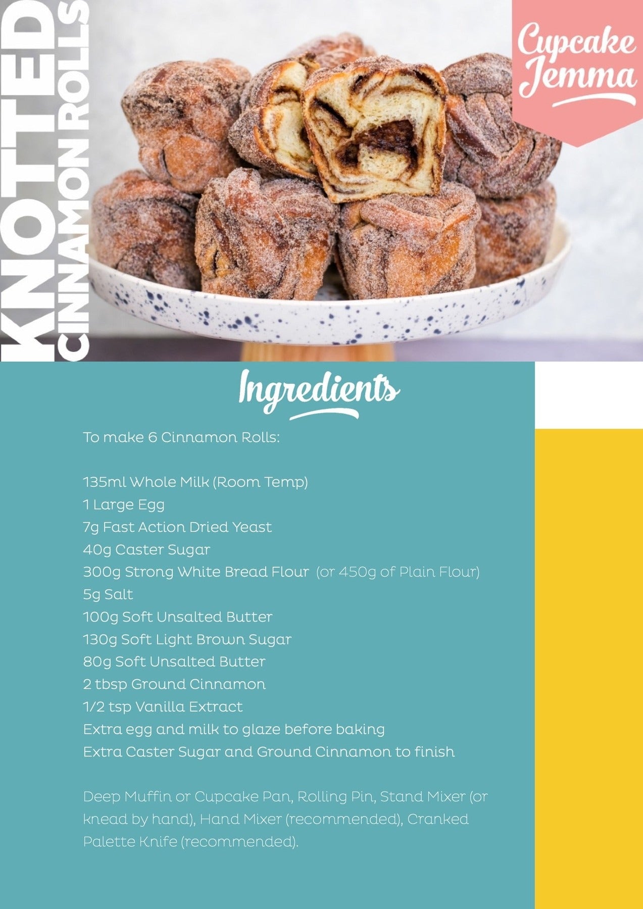 Knotted Cinnamon Rolls on a cake stand showcasing soft dough and cinnamon filling with sugar coating by Cupcake Jemma recipe