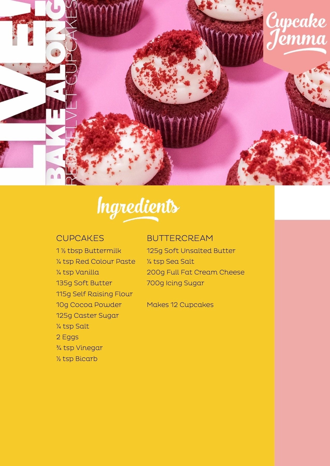 Red Velvet Cupcakes with creamy frosting on pink background, recipe ingredients by Cupcake Jemma for baking delight