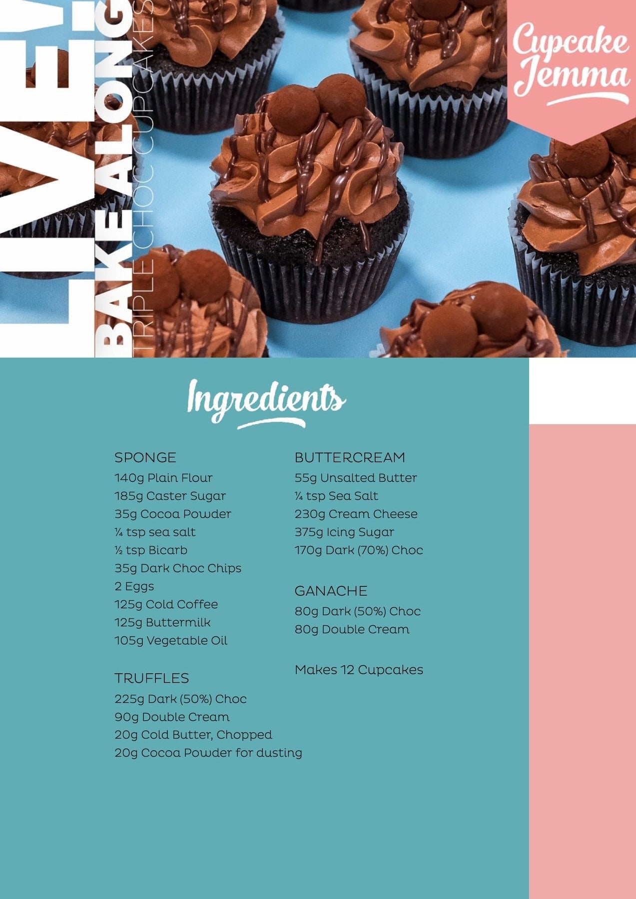 Close-up of rich triple chocolate cupcakes with chocolate frosting and chocolate drizzle from Cupcake Jemma recipe download