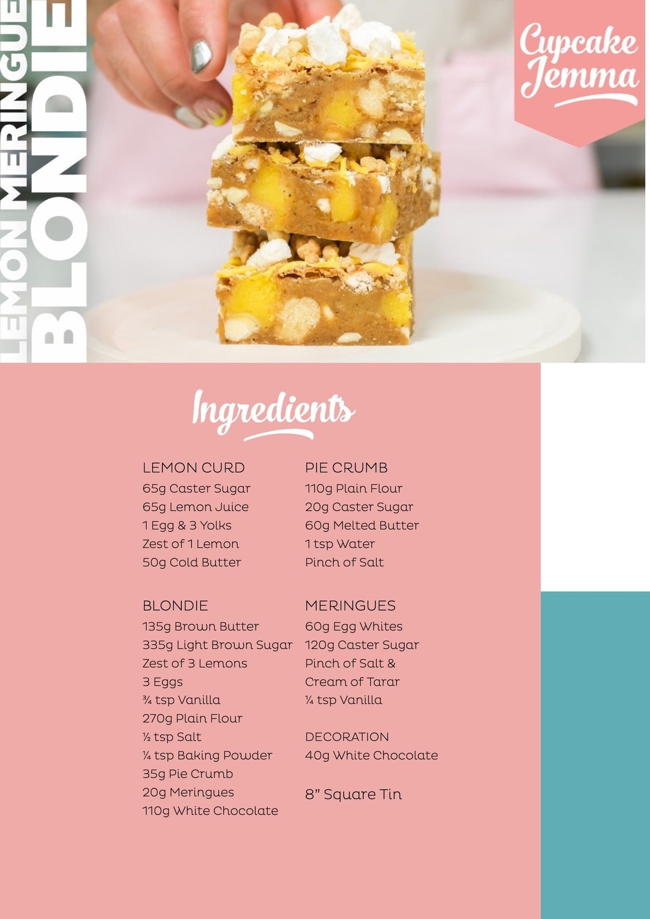 Stack of lemon meringue blondies with white chocolate and crumb topping on a plate from Cupcake Jemma recipe guide