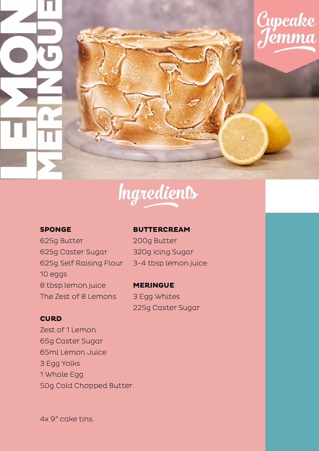 Lemon Meringue Cake with toasted meringue frosting and fresh lemon halves beside recipe ingredients by Cupcake Jemma