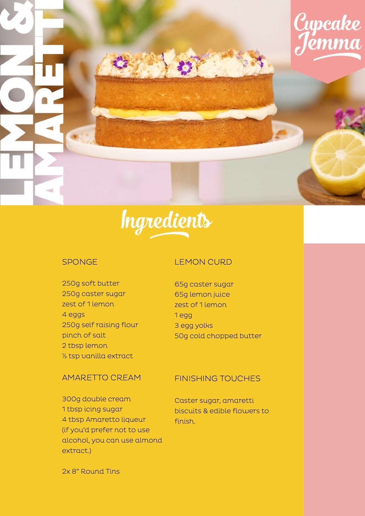 Lemon & Amaretti Cake on a stand with floral decorations, alongside recipe ingredients and Cupcake Jemma branding.