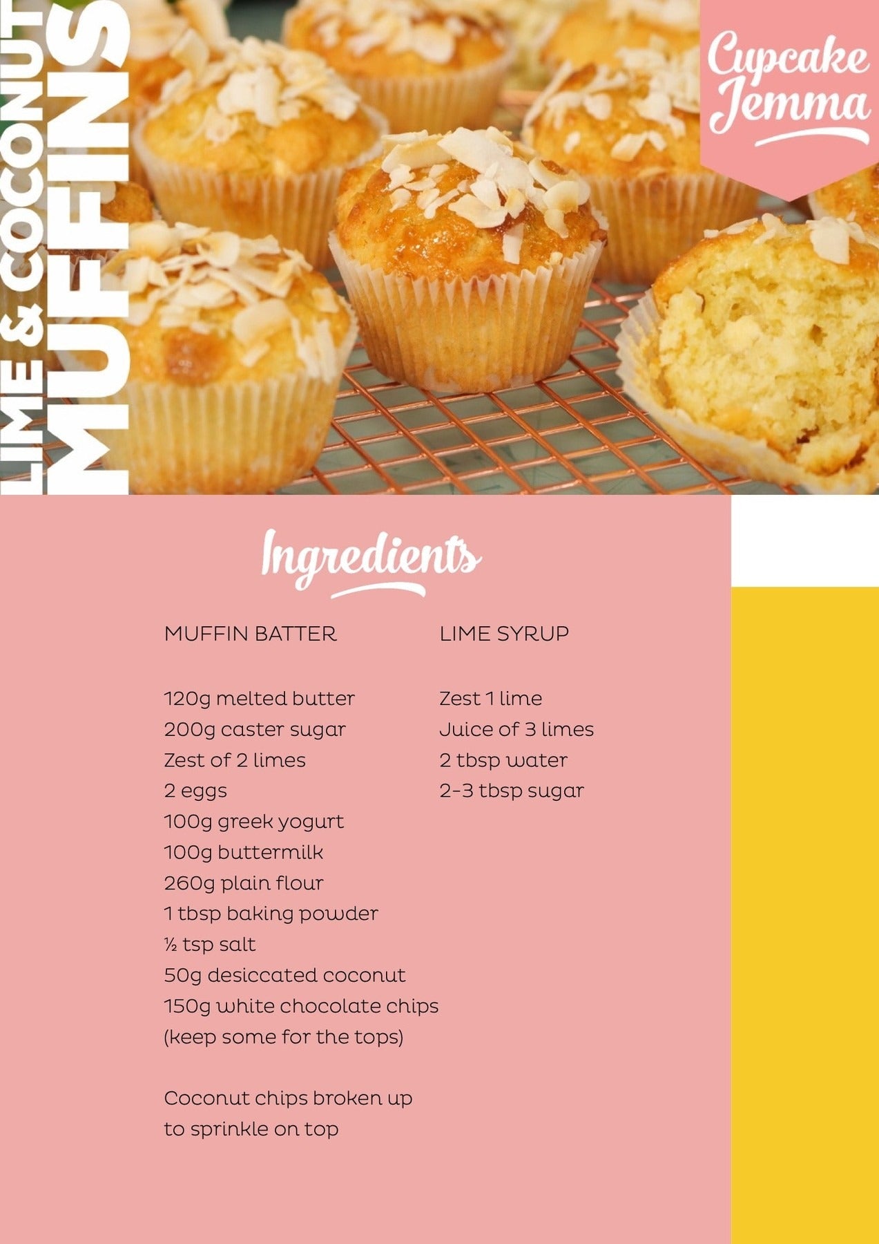 Close-up of freshly baked lime and coconut muffins topped with coconut chips from Cupcake Jemma recipe guide