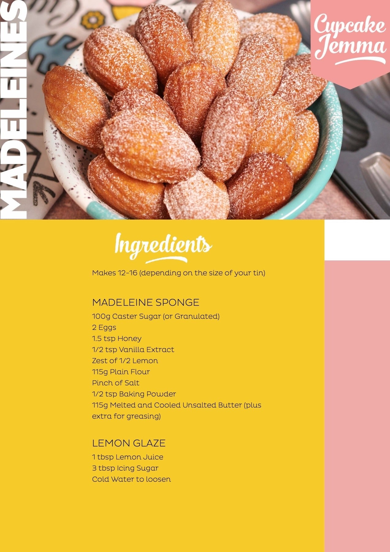 Bowl of lemon madeleines dusted with sugar alongside the Lemon Madeleines downloadable recipe by Cupcake Jemma