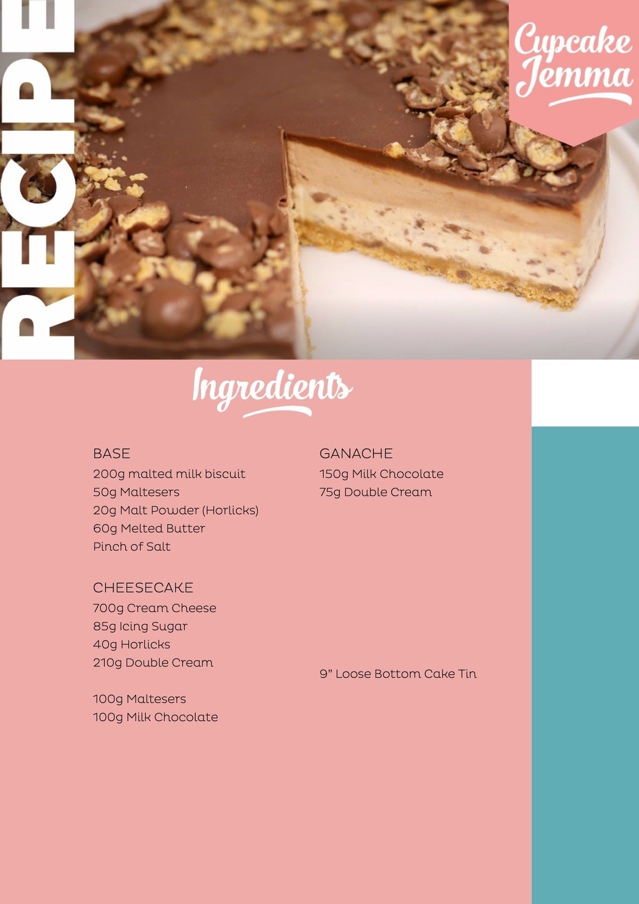 Malteser Cheesecake downloadable recipe with a smooth creamy filling and crunchy Malteser biscuit base by Cupcake Jemma