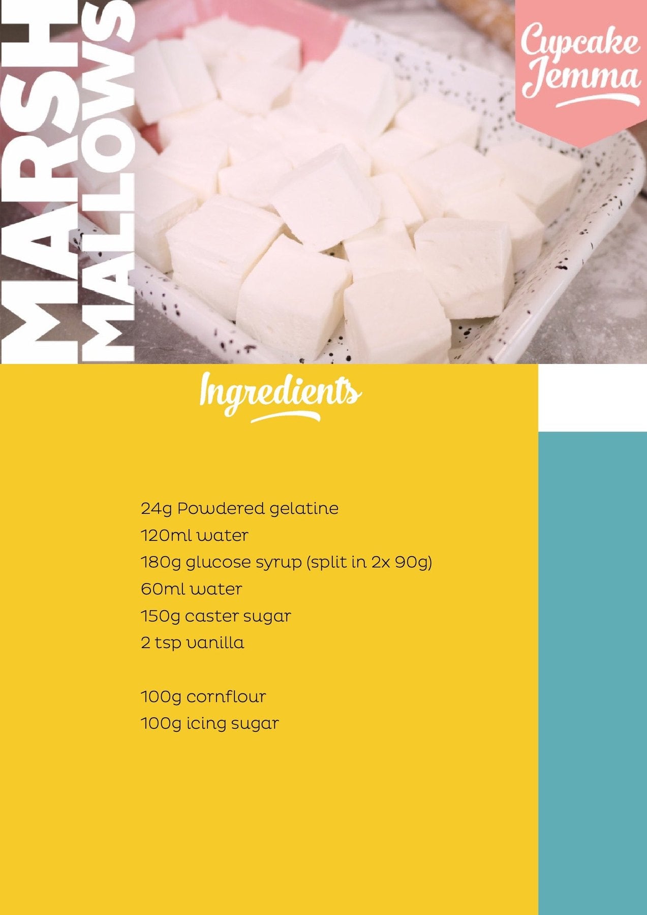 Close-up of homemade marshmallows on a plate with Cupcake Jemma branding and recipe ingredients list.