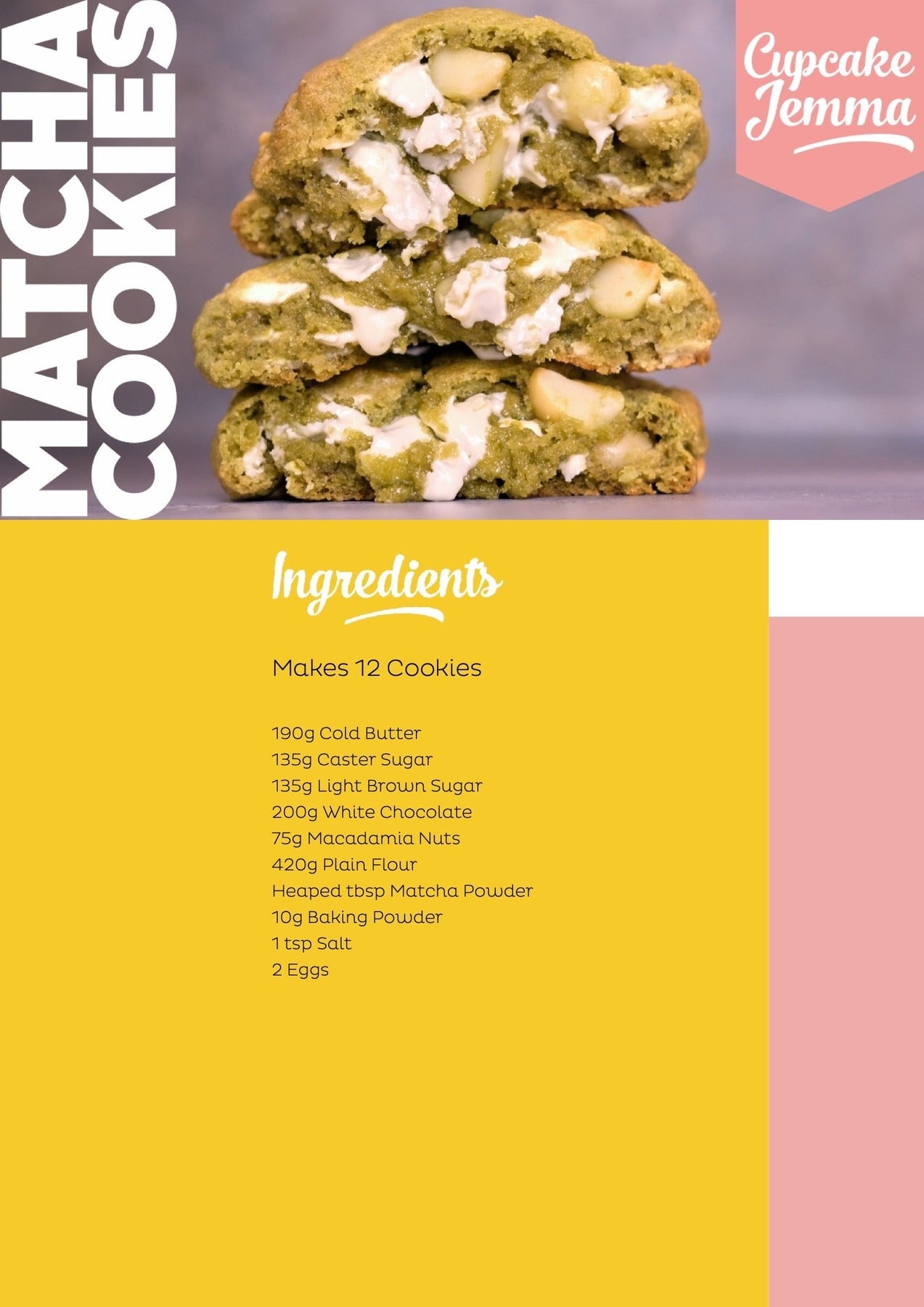 Stack of chewy Matchadamia New York Cookie downloadable recipe cookies with white chocolate and macadamia nuts by Cupcake Jemma