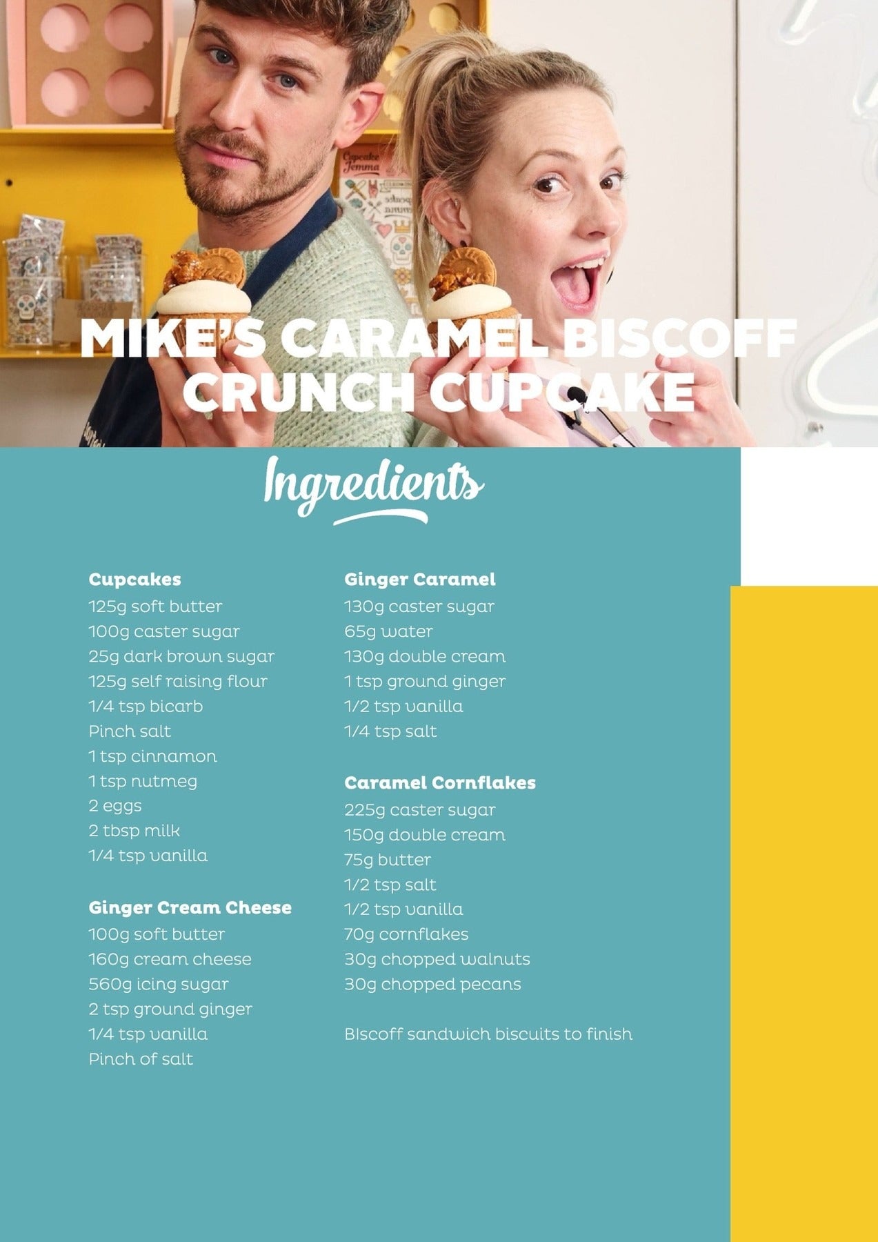 Two people holding Mike's Caramel Crunch Biscoff Cupcakes with recipe ingredients text below in colorful background