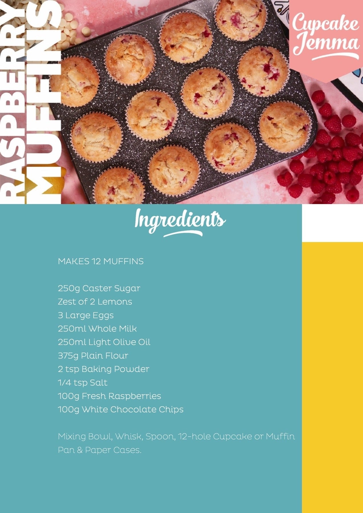 Tray of freshly baked raspberry muffins with recipe ingredients text for Mindful Raspberry Muffins downloadable recipe
