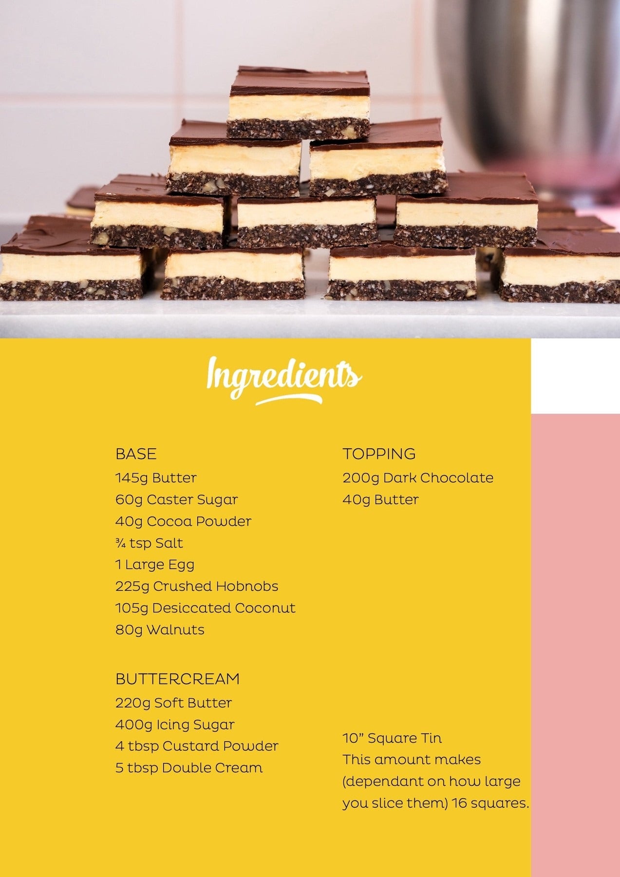 Stacked Nanaimo Bars with distinct layers of crumbly base, creamy custard center, and chocolate topping for a downloadable recipe.