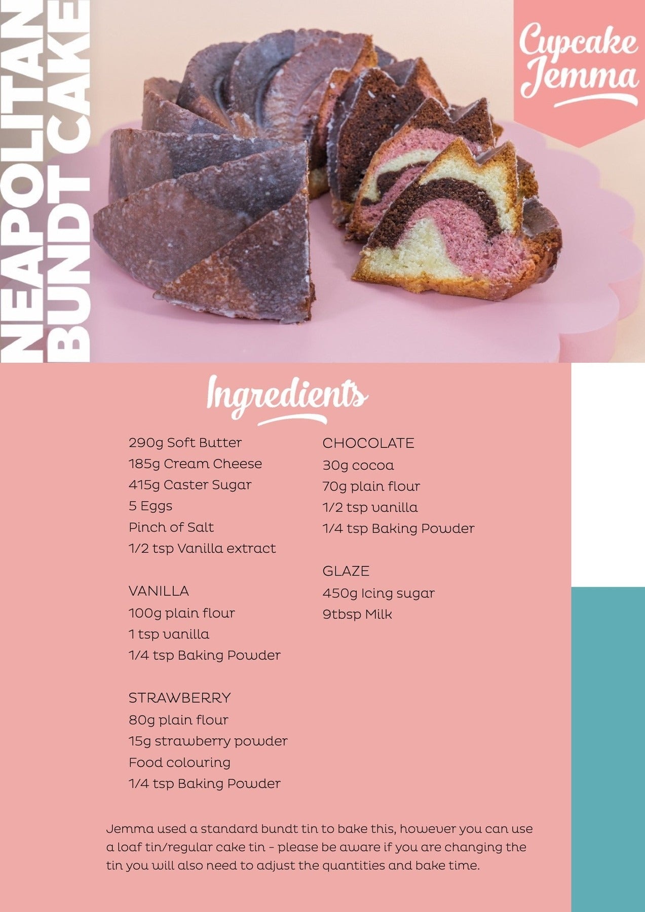 Sliced Neapolitan Bundt Cake showing chocolate vanilla and strawberry layers with recipe ingredients by Cupcake Jemma