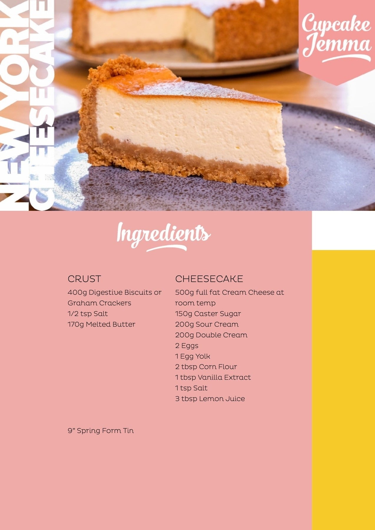 Slice of creamy New York Cheesecake on plate with recipe ingredients and Cupcake Jemma branding visible