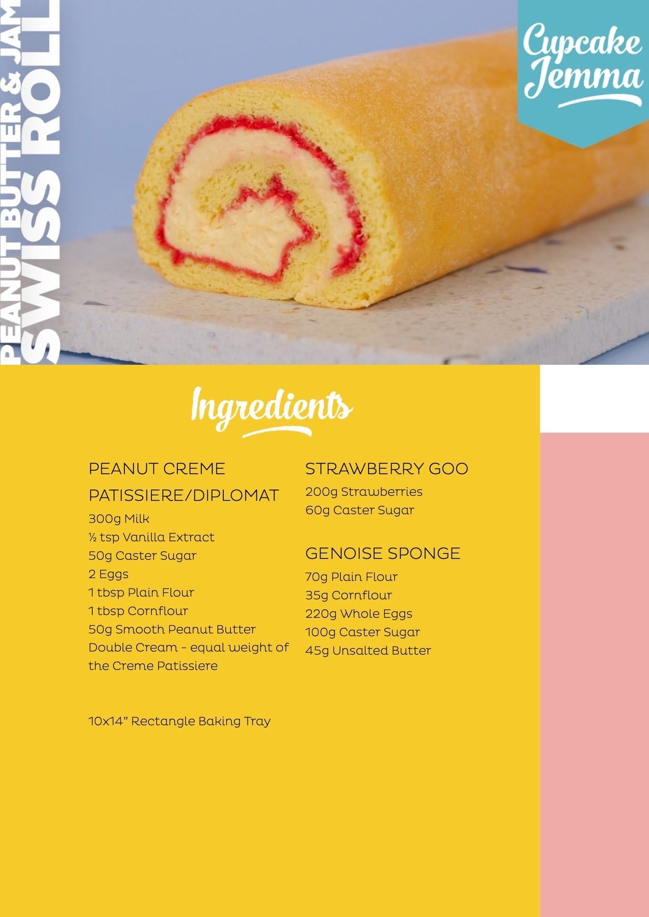 Close-up of a Peanut Butter & Jam Swiss Roll by Cupcake Jemma showcasing creamy peanut butter and strawberry jam swirl inside sponge cake.