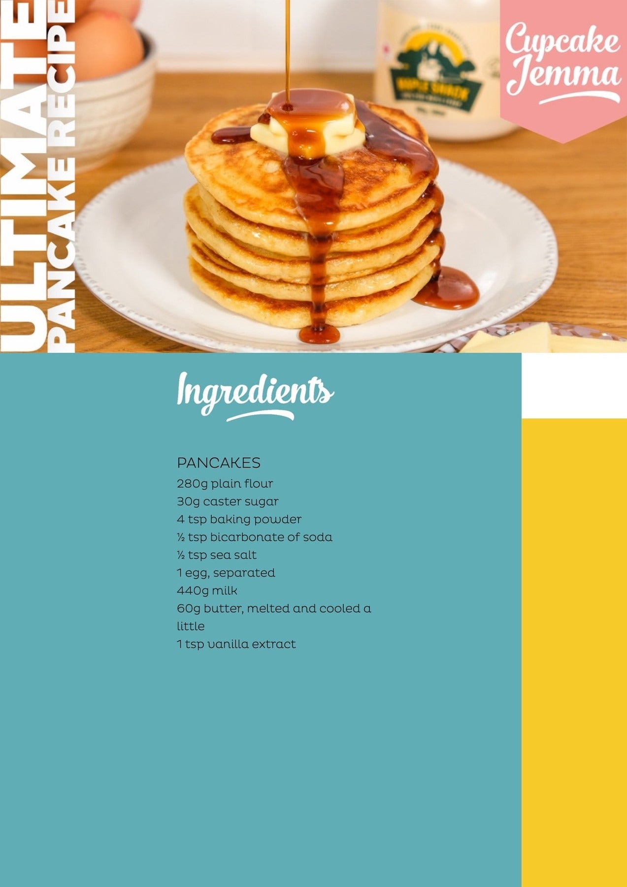 Stack of fluffy pancakes with butter and syrup, featured in Pancakes downloadable recipe by Cupcake Jemma.