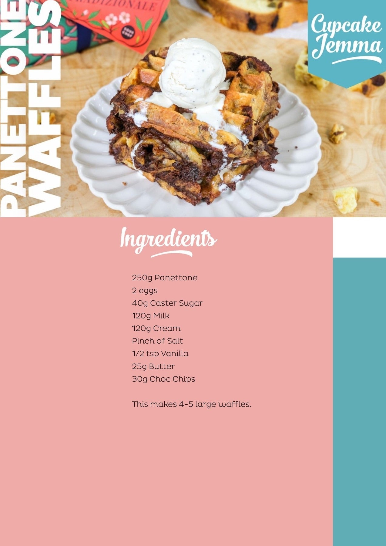 Stack of panettone waffles topped with ice cream served on a white plate from Cupcake Jemma recipe download.