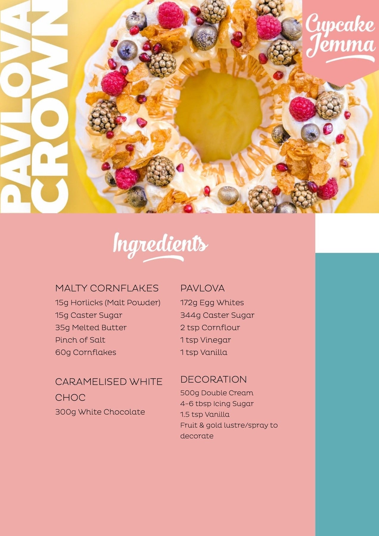 Pavlova Crown downloadable recipe by Cupcake Jemma featuring a decorated meringue crown with fresh fruit and caramelized white chocolate.