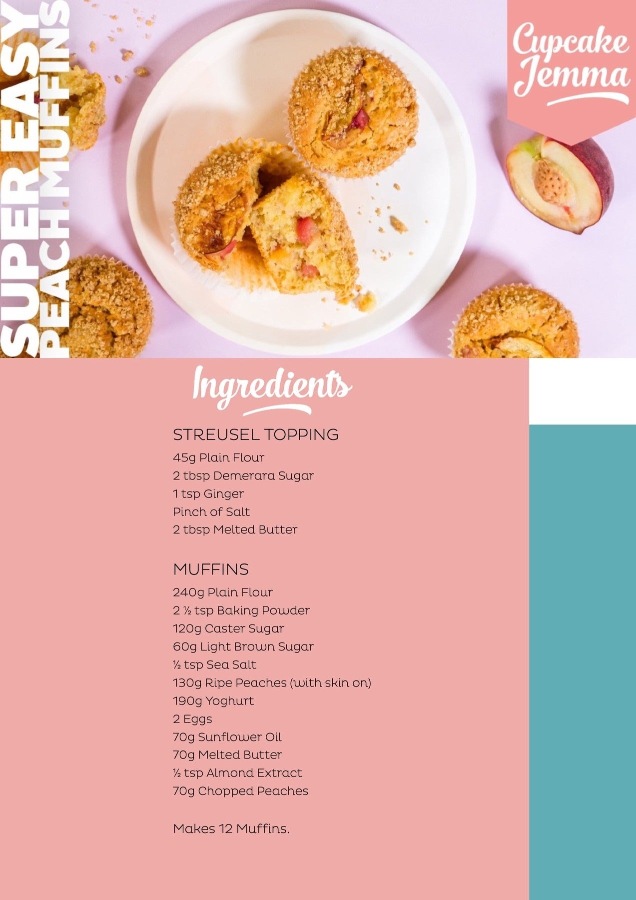 Peach muffins on a white plate with crumbs and recipe ingredients for Peach Muffins downloadable recipe by Cupcake Jemma