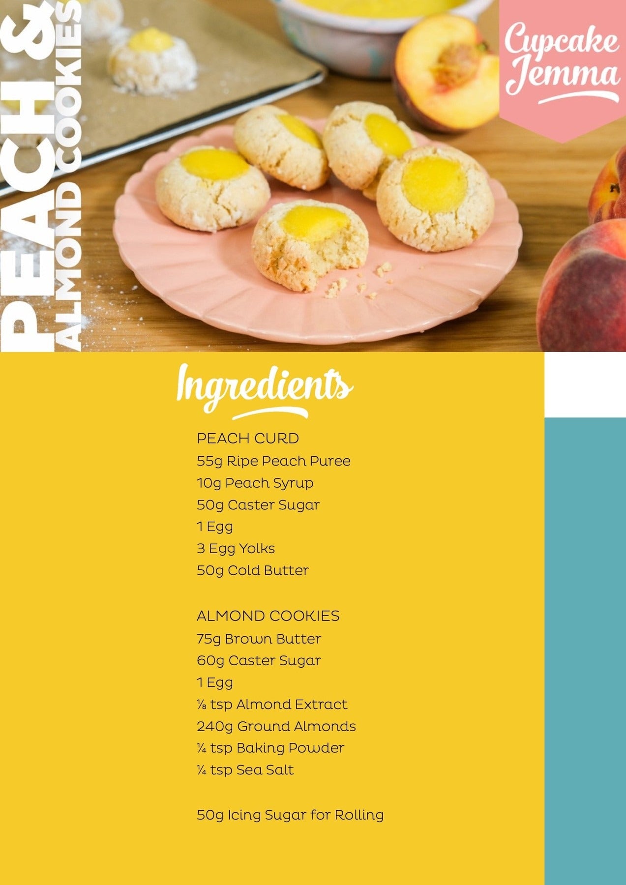 Peach & Almond Cookies on a pink plate with recipe ingredients and fresh peaches by Cupcake Jemma baking guide