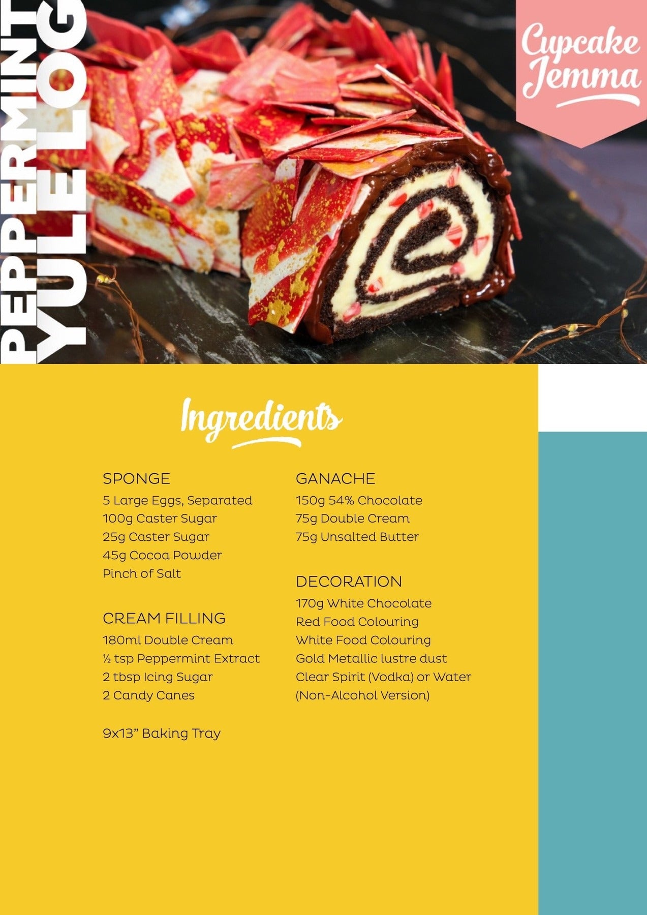 Close-up of a Peppermint Yule Log cake slice with red and white decoration, featuring a chocolate spiral cream filling