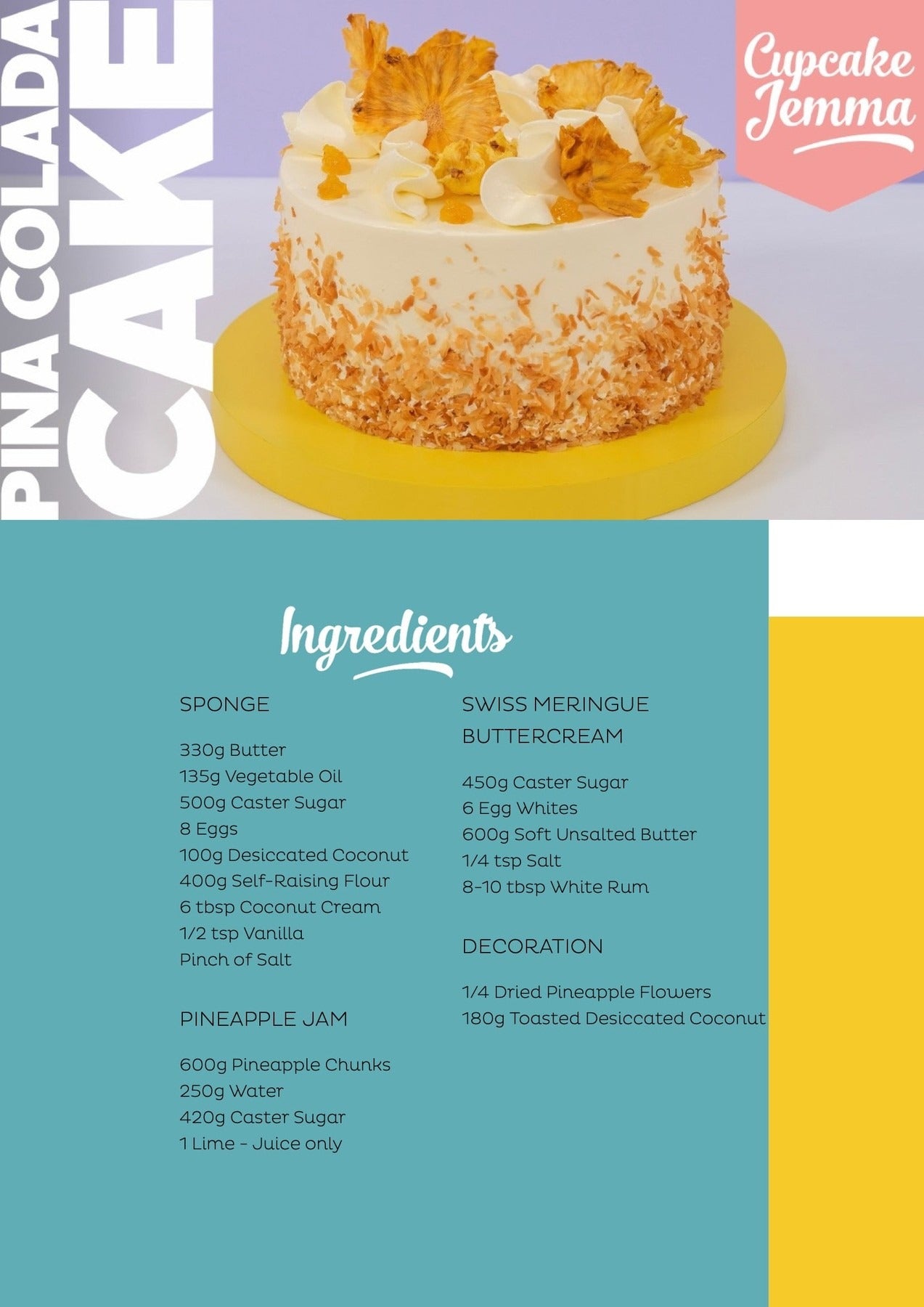 Pina Colada Cake with coconut frosting and dried pineapple flowers by Cupcake Jemma recipe download image