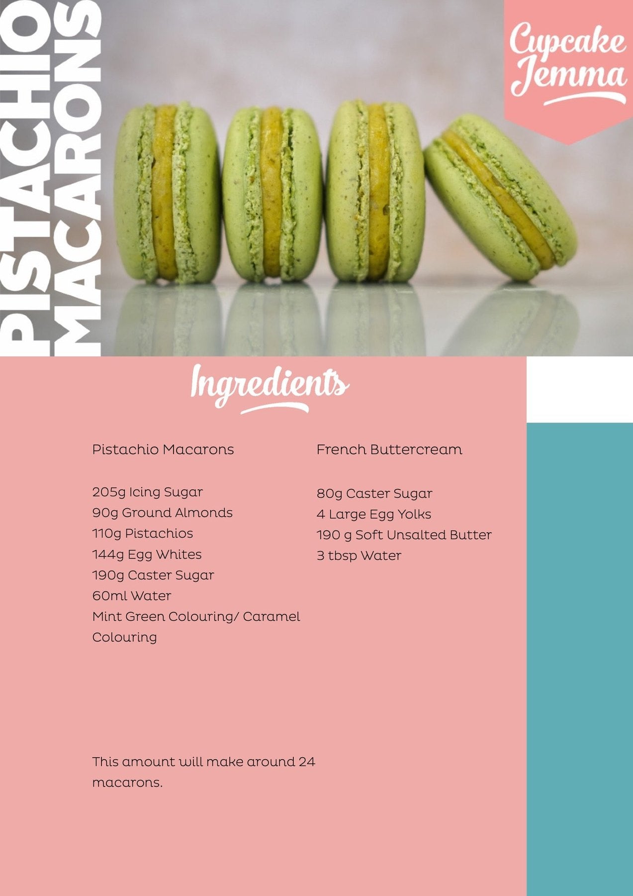 Four green pistachio macarons arranged in a row with recipe ingredients below on a pink background