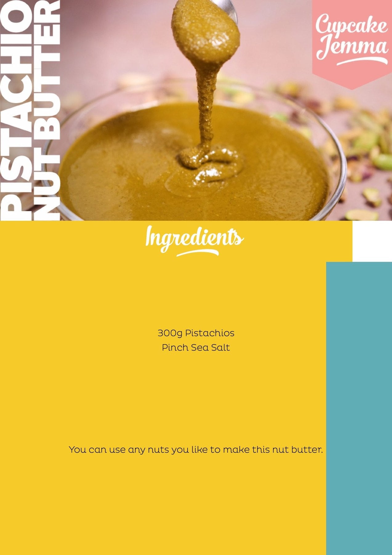 Smooth pistachio nut butter dripping from a spoon over a bowl with recipe ingredients text on the side