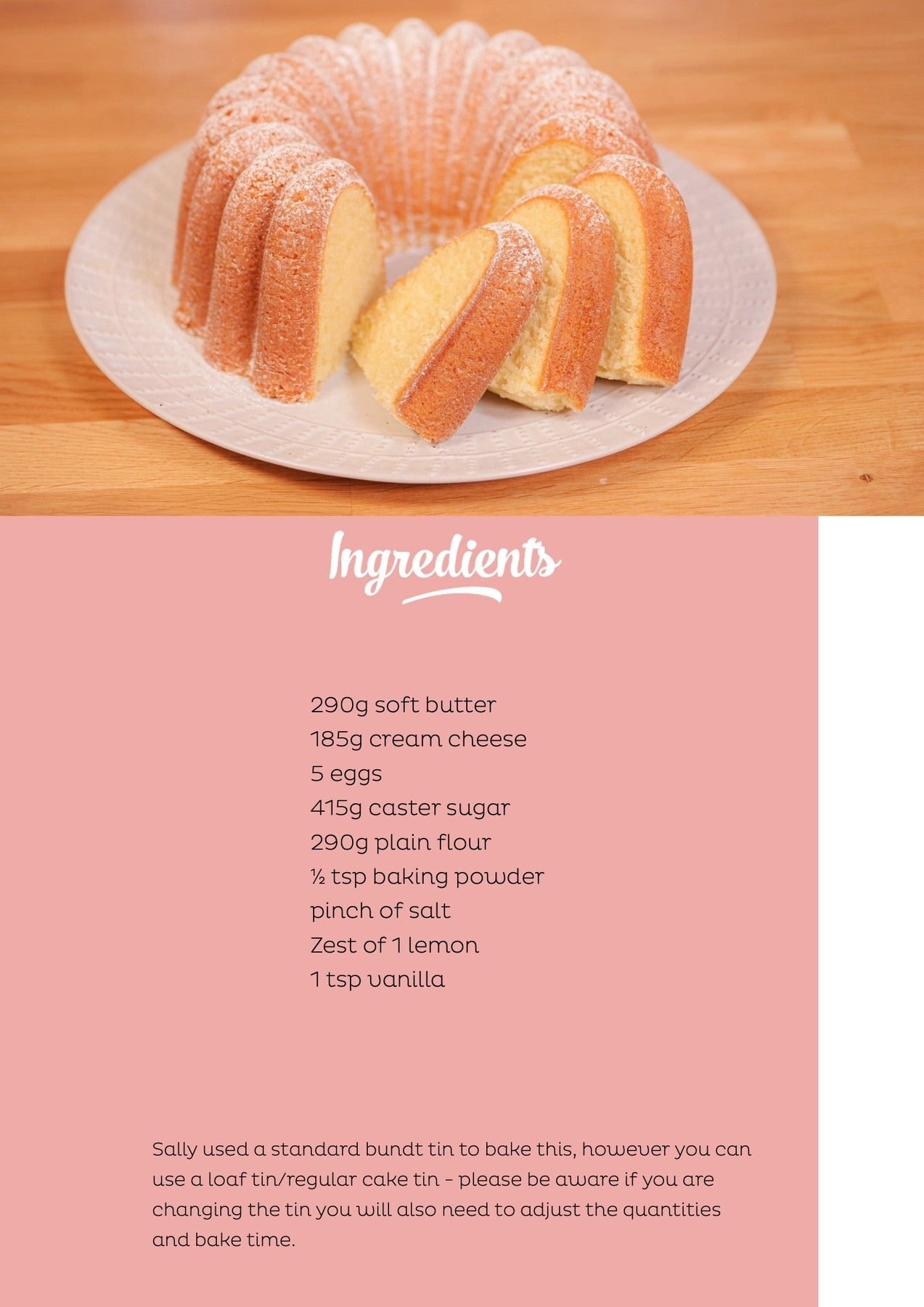 Slices of moist pound cake on a plate with a list of ingredients for the Pound Cake downloadable recipe below.