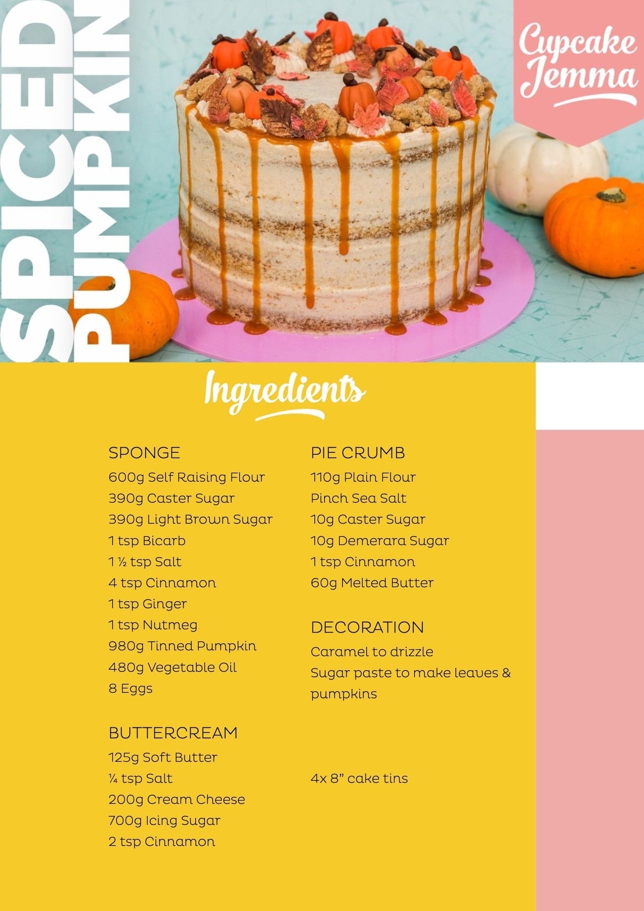 Pumpkin Spice Cake with caramel drizzle and autumn decorations topping, Cupcake Jemma baking recipe preview
