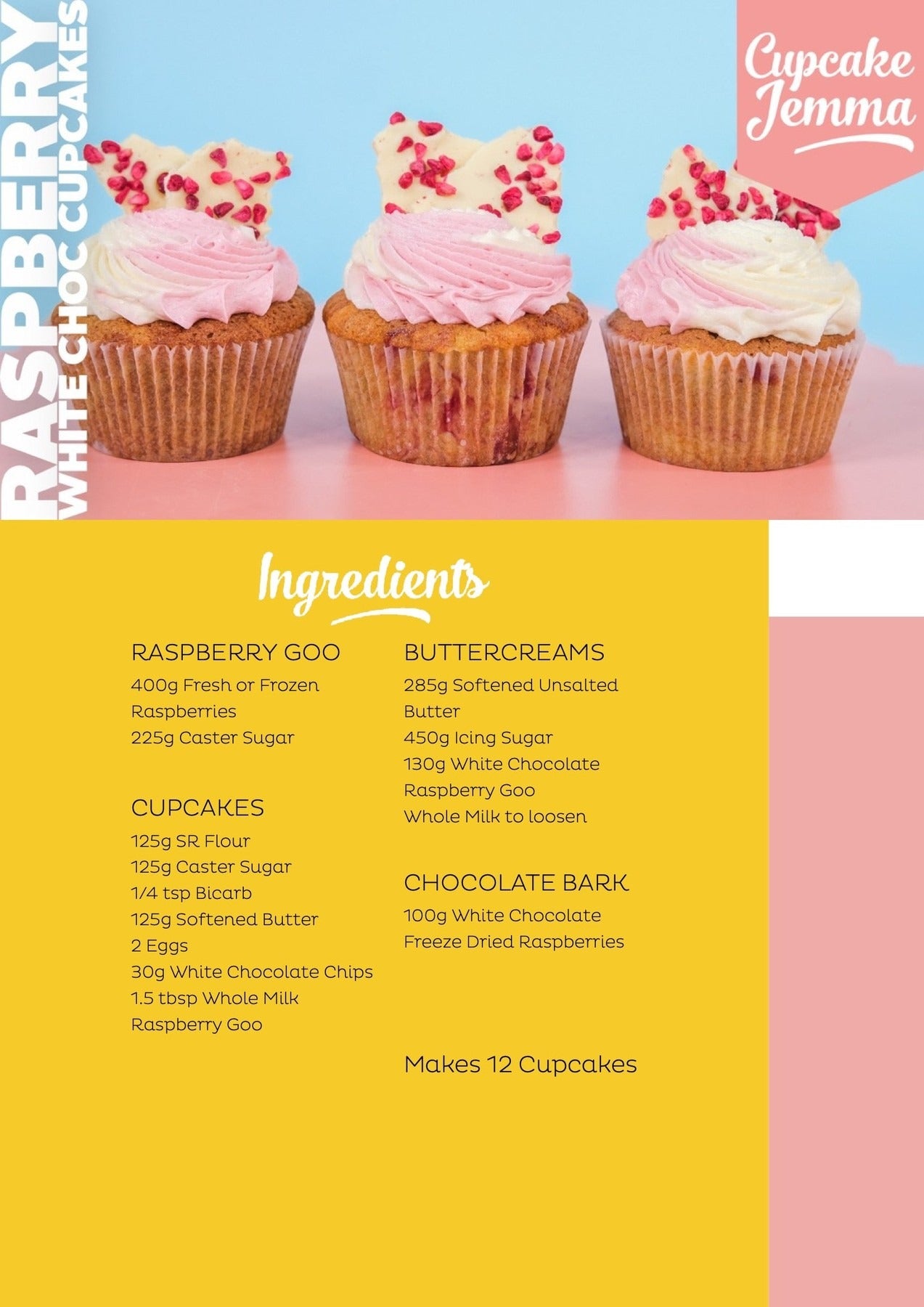 Three Raspberry White Chocolate Cupcakes with pink and white frosting and decorative white chocolate bark by Cupcake Jemma