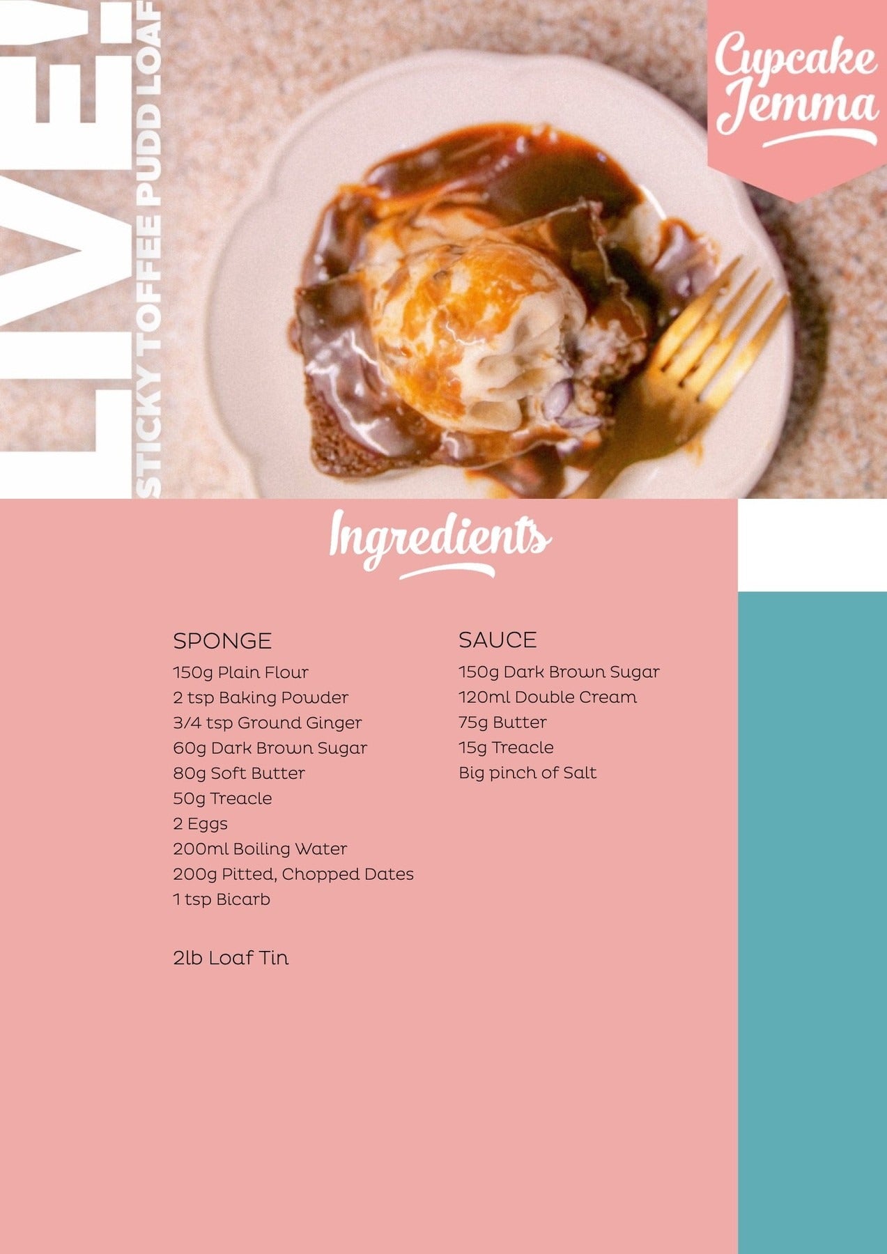 Plate of sticky toffee pudding loaf cake with sauce and ice cream alongside recipe ingredients by Cupcake Jemma